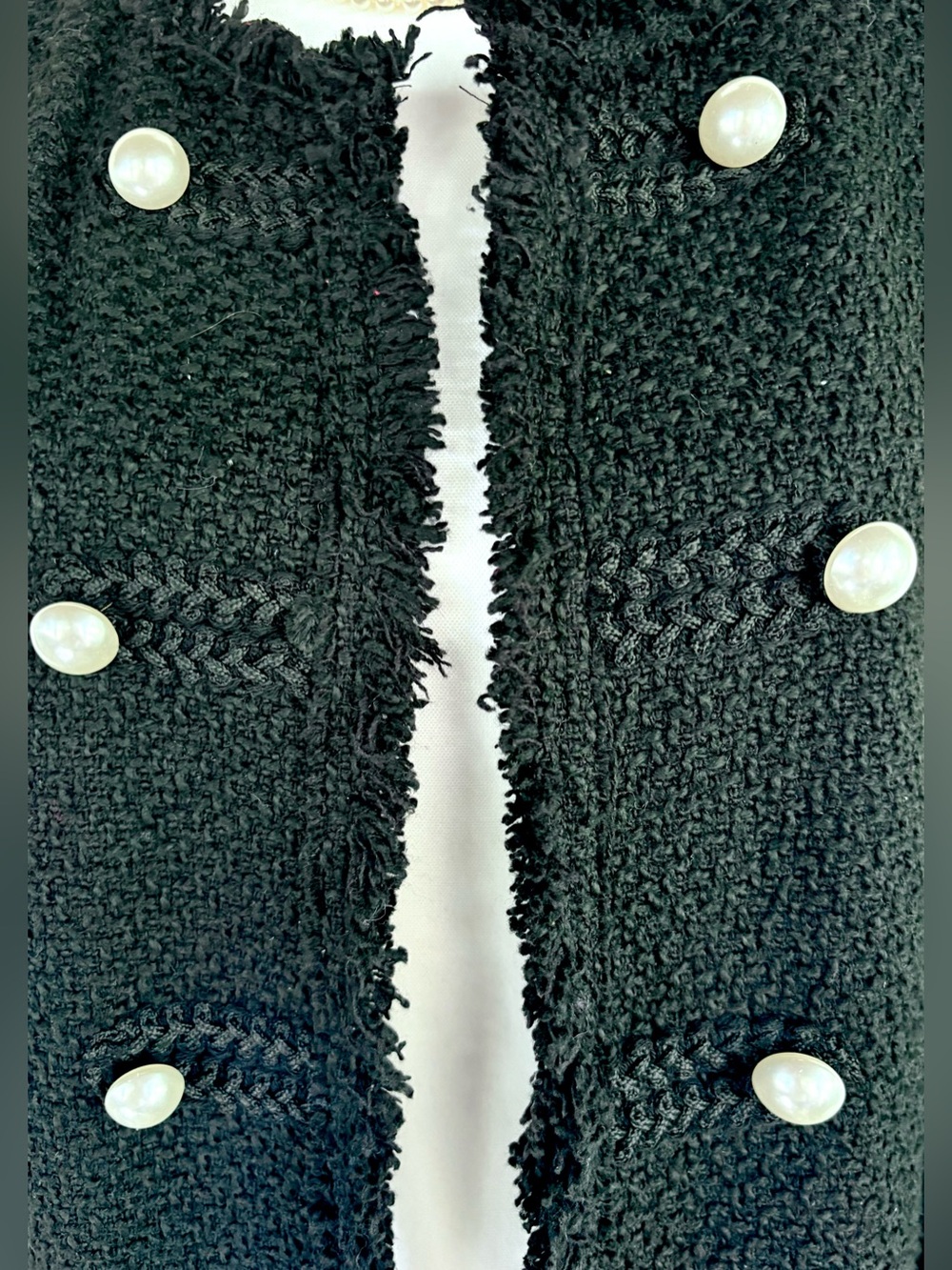 Black Tweed Fringed Pearl Button Crop Cardigan Jacket Plus XXL - Picture 3 of 6
